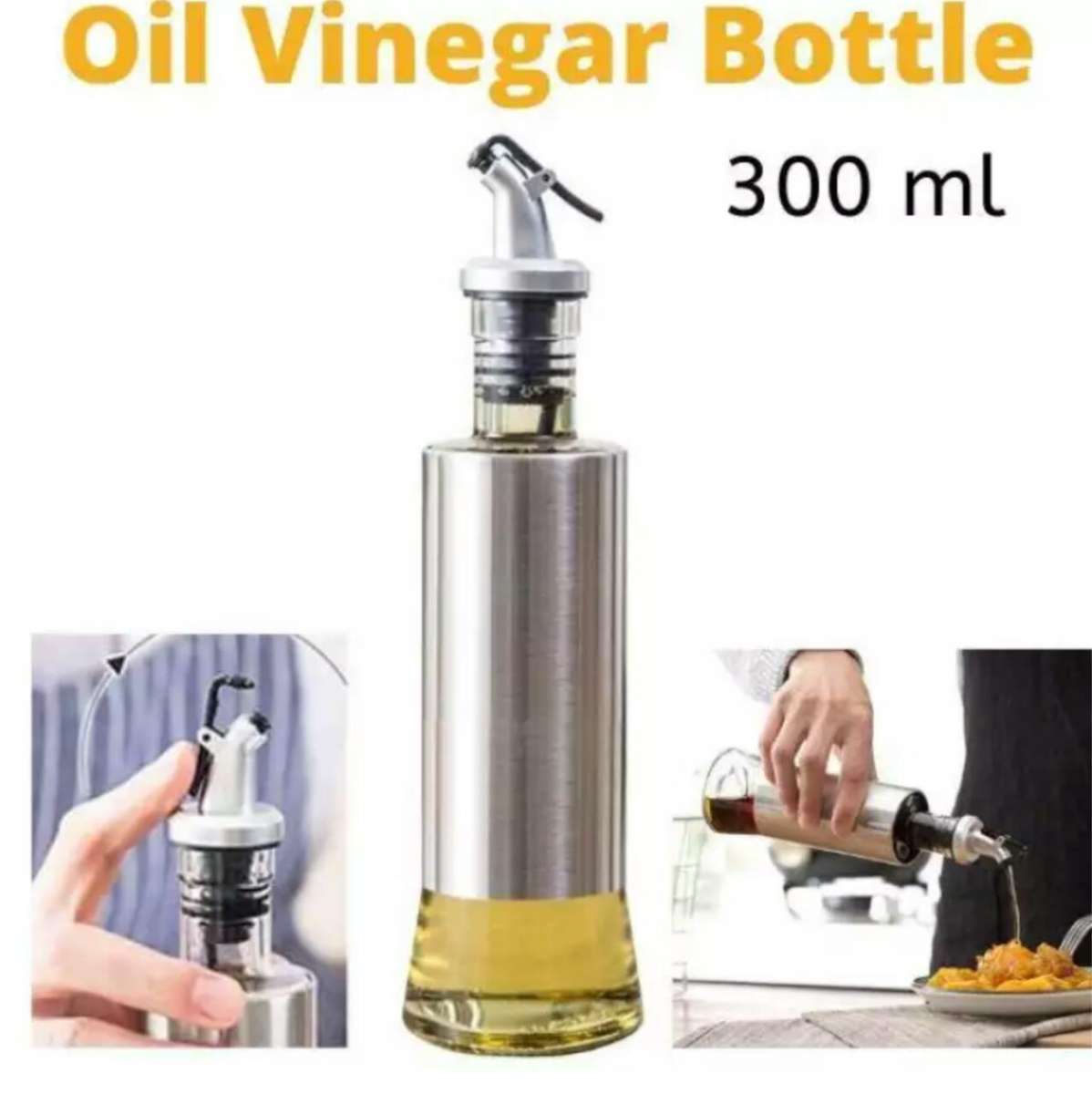 Kitchen Cooking Oil Vinegar Bottle with Dropper Best For Olive oil Usage Glass and Stainless Steel – 300 ml